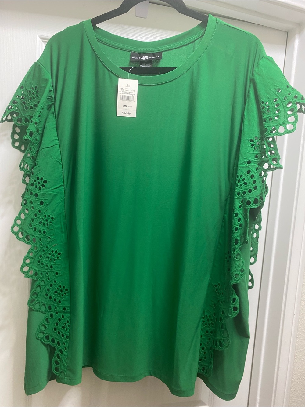 Ashley Stewart Emerald Green Eyelet Ruffle Sleeve Tunic